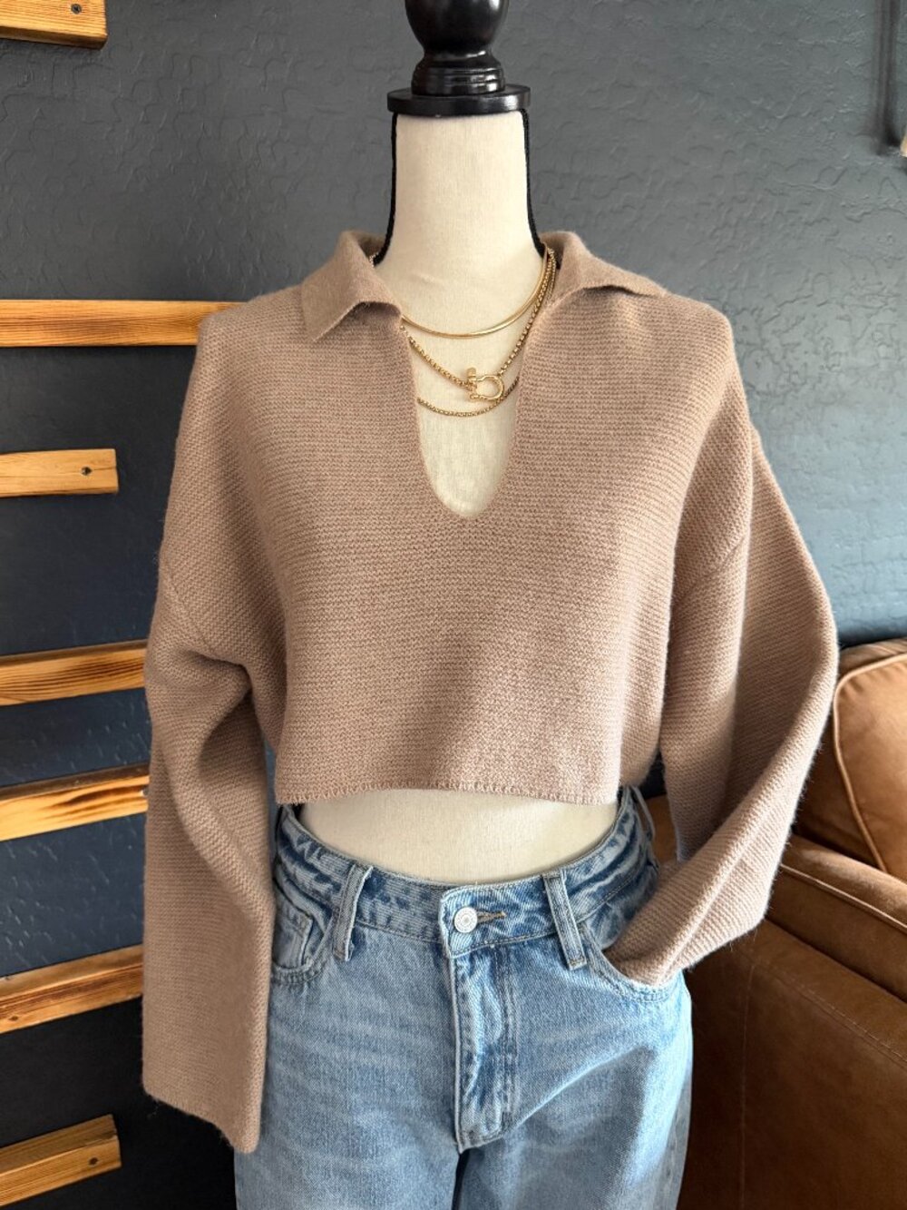 Beige Cropped Sweater with Collar - NWT